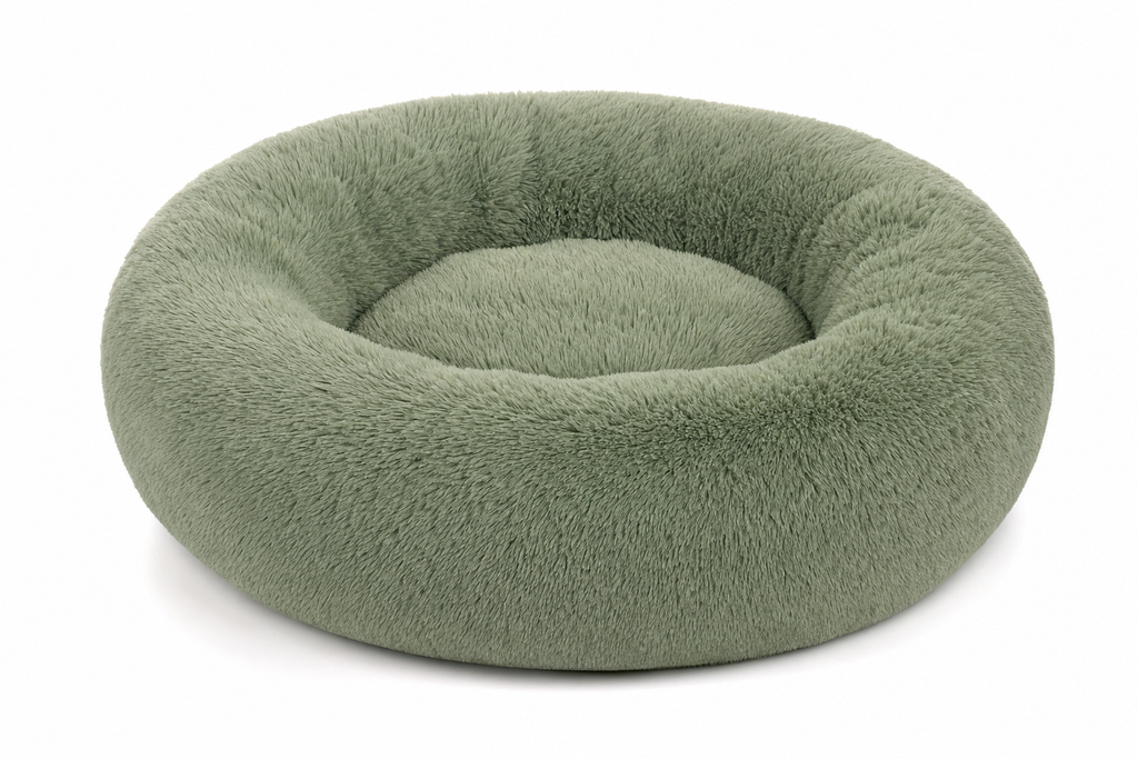 ZenPaw Comfort Donut Bed in sage green — plush calming dog bed with raised rim