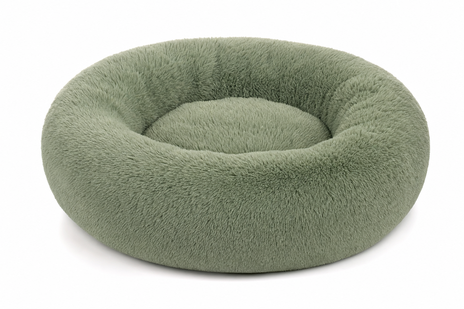 ZenPaw Comfort Donut Bed in sage green — plush calming dog bed with raised rim